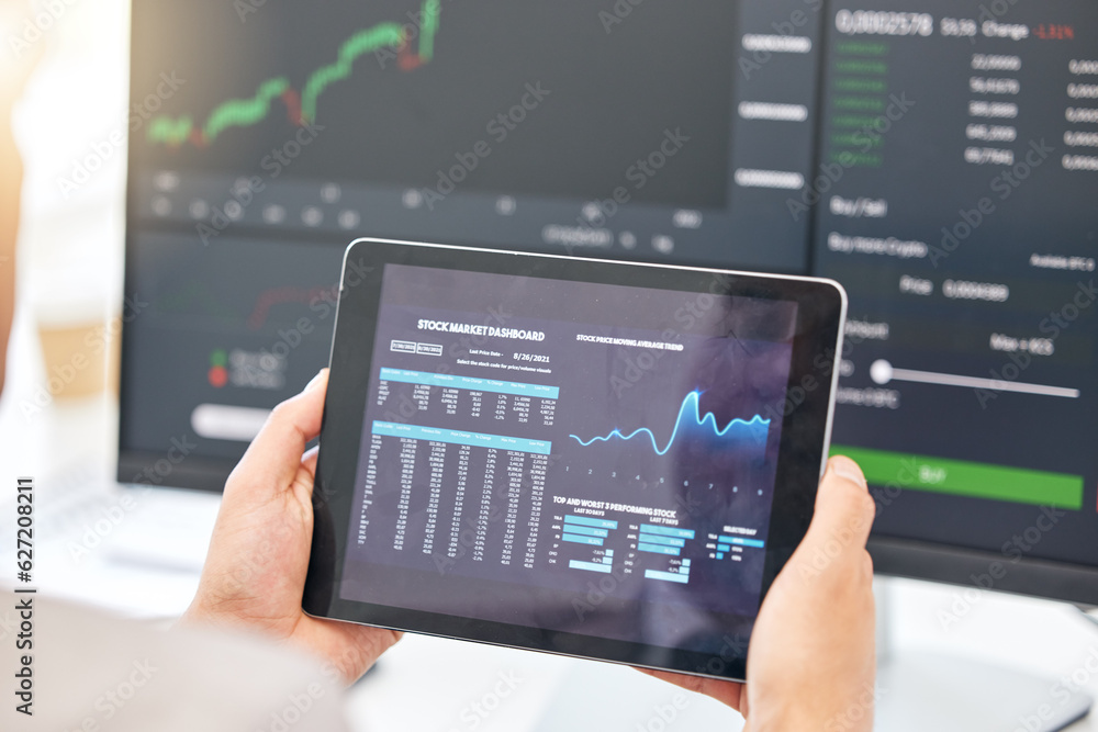 Aufkleber tablet in hands, graphs and stock market with fintech and trading, investment and financial stats on