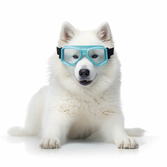 A Samoyed (Canis lupus familiaris) wearing a snorkeling mask and flippers.