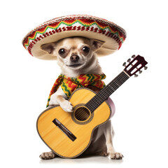 A Chihuahua (Canis lupus familiaris) in a Mariachi band outfit with a tiny guitar.