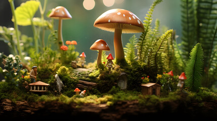 an enchanting miniature world with mushrooms, flowers and other plants