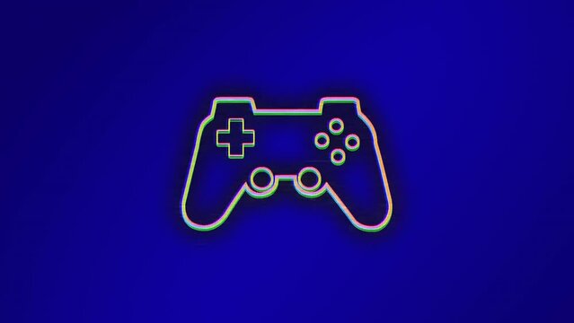 Animation of flickering neon video control pad on blue background