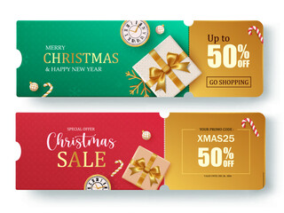 Christmas sale voucher set vector banner. Christmas gift discount coupon collection for holiday season shopping sale. Vector illustration gift vouchers lay out. - obrazy, fototapety, plakaty