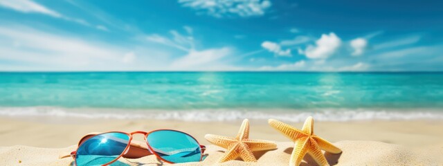 Fototapeta na wymiar Beautiful colorful background for summer beach holiday. Sunglasses, starfish, turquoise flip-flops on sandy tropical beach against blue sky with clouds on bright sunny day.