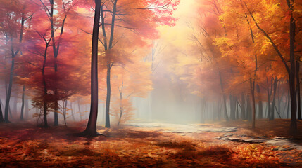 forest atmosphere in autumn with fallen leaves