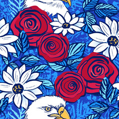 Seamless vector pattern with flowers and eagle for 4th of July holiday - 627210451