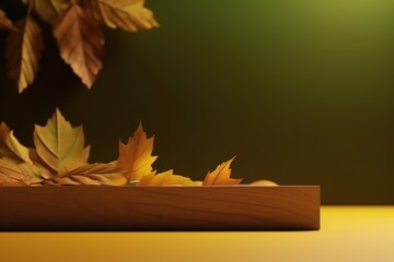 Naklejka na ściany i meble empty wooden table top podium on green background, blurred background of autumn plants with space. organic product represents natural pedestal placement, autumn concept. Generative AI.