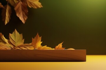 empty wooden table top podium on green background, blurred background of autumn plants with space. organic product represents natural pedestal placement, autumn concept. Generative AI.