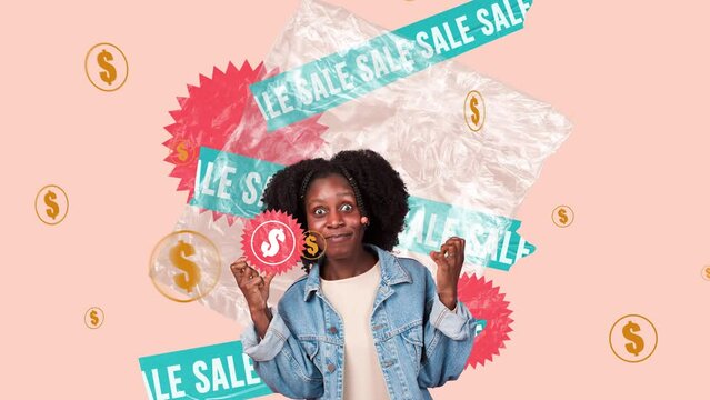 Contemporary art. Excited emotional young african woman feeling happy about big saes season. Creative design. Stop motion, animation. Concept of shopping, sales, Black Friday, creativity. Banner, ad
