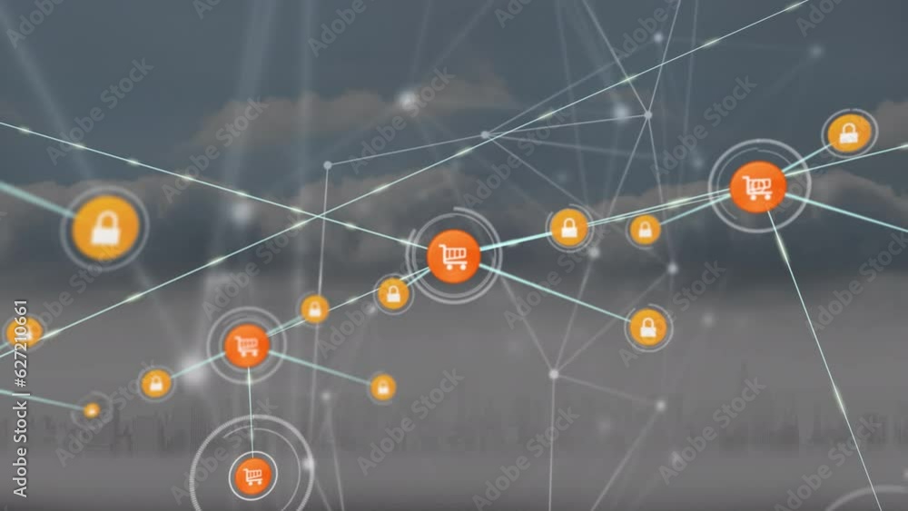 Aufkleber animation of network of connections with icons and clouds