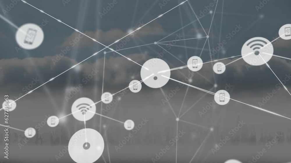 Poster Animation of network of connections with icons and clouds