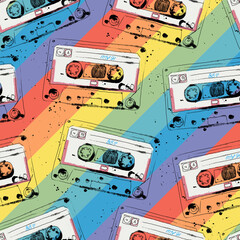 Seamless pattern with cassettes with your favorite music and a rainbow on the background - 627210623