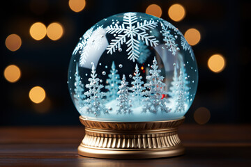 Fototapeta na wymiar Enchanting Christmas Snow Globe Snowflake with Snowfall on a Dreamy Blue Background - Magical Winter Wonderland. created with Generative AI