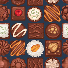 Chocolate cakes and candies with nuts, vector