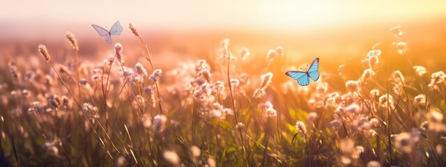 Beautiful fluffy wild grass and fluttering butterflies in field on nature in spring summer in rays...