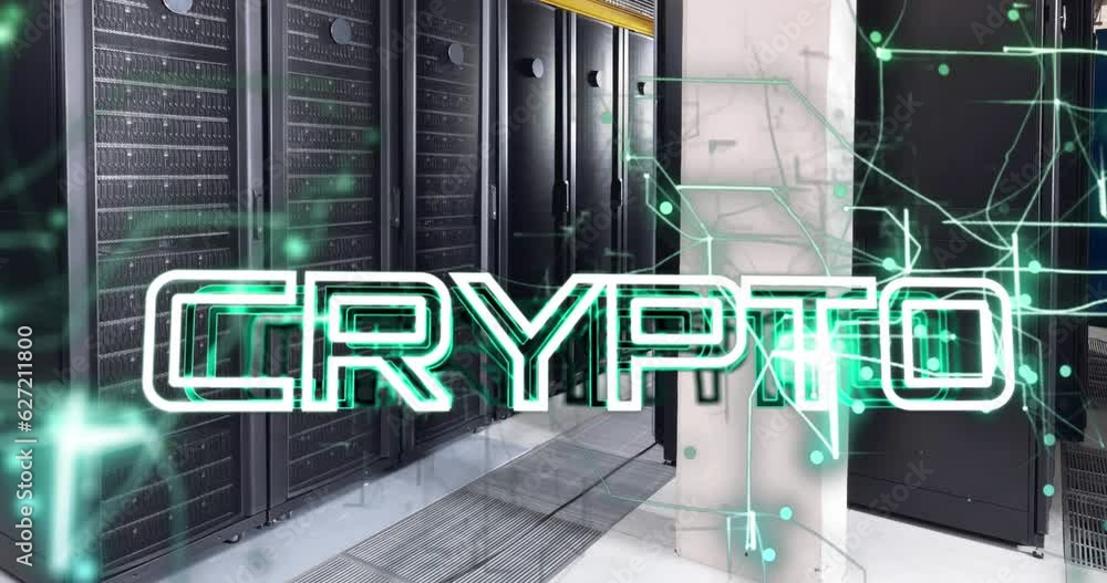 Poster animation of crypto text banner and light trails against computer server room