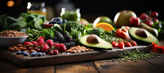 Healthy food clean eating selection: fruit, vegetable, seeds, superfood, cereal, leaf vegetable in kitchen background