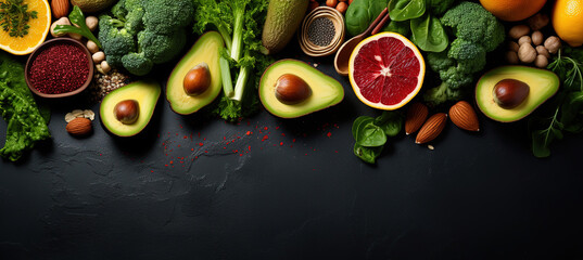 Healthy food clean eating selection: fruit, vegetable, seeds, superfood, cereal, leaf vegetable in kitchen background