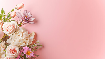 Fototapeta na wymiar Various Flowers In Pink Background Background,flower background,background with flowers