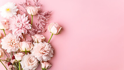 Fototapeta na wymiar Various Flowers In Pink Background Background,flower background,background with flowers