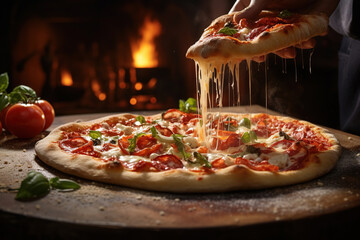Traditional home made Italian Pizza by chef. Pizza dough being prepared with tomato sauce and mozzarella. The process of making pizza
