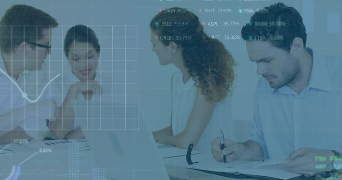 Animation oof statistical, stock market data processing over diverse collegues discussing at office