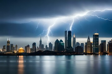 city skyline with storm