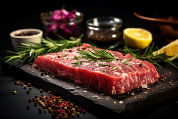 Fresh tuna with lemon and rosemary and salt and spices on a cutting board. Against a dark background