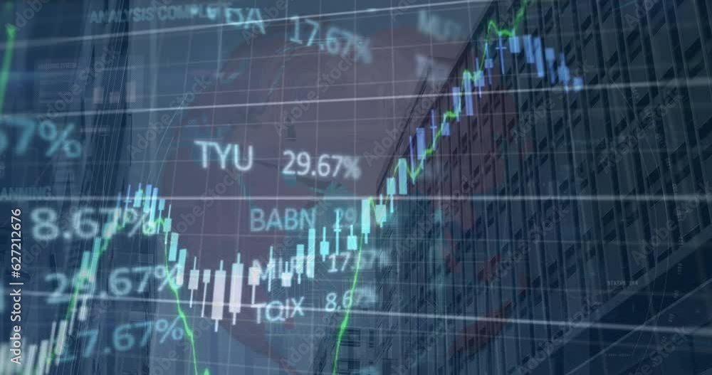 Poster animation of financial and stock market data processing over world map against tall building