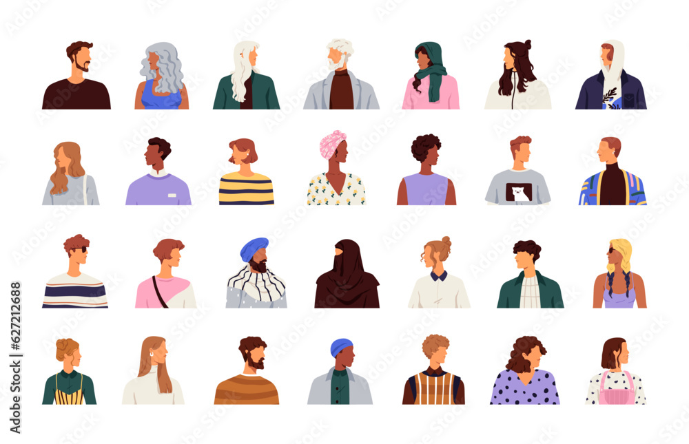 Canvas Prints Diverse men, women set. People faces profiles, looking aside. Abstract different faceless characters avatars with turned heads, side view. Flat vector illustrations isolated on white background