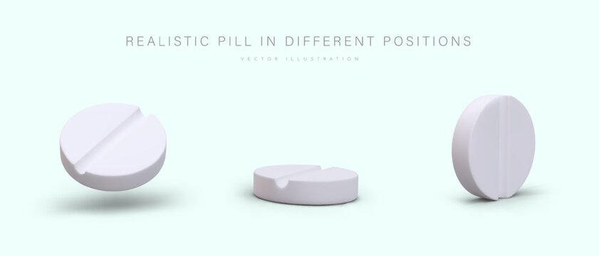 Realistic white pill in different positions. Round tablet is split in half. Isolated vector icons. Medicine symbol. Set of images for pharmaceutical application, pharmacy