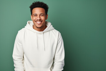 Young smiling african american man wearing blank white hoodie isolated on a green background. AI