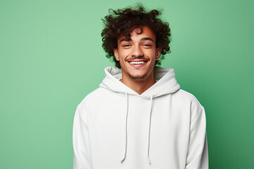 Obraz na płótnie Canvas Young smiling african american man wearing blank white hoodie isolated on a green background. AI