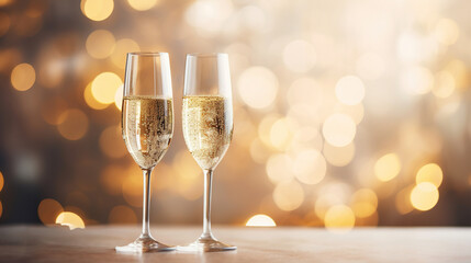 Champagne glasses on the table, with empty space for text. AI