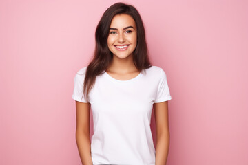 Young smiling caucasian woman wearing blank white t-shirt isolated on a pink background. AI