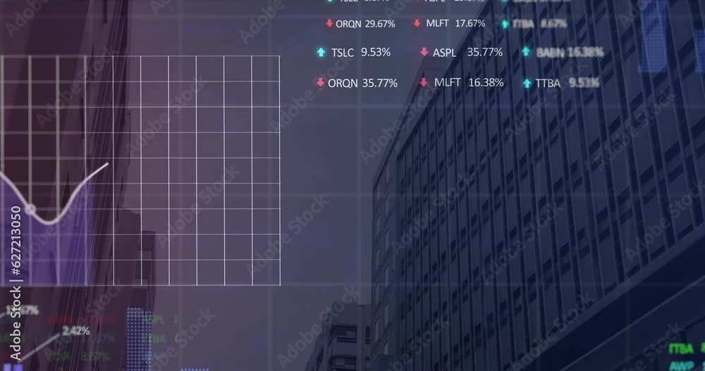 Poster animation of statistical and stock market data processing against low angle view of tall building
