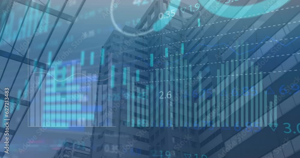 Poster animation of statistical and stock market data processing against low angle view of tall building