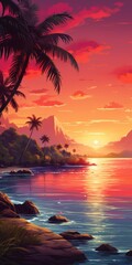 beautiful tropical background with palm trees and ocean for smartphone screen, AI Generated