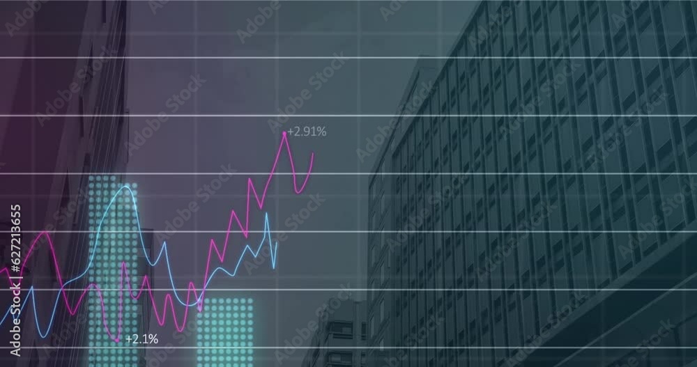 Poster animation of statistical data processing over grid network against low angle view of tall building