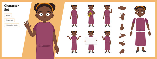 Illustration of a small black child, wearing casual clothing in a set of multiple poses. Easy to edit with editable line strokes and isolated on white background. Suitable for animation.