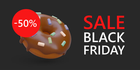Colorful poster with realistic chocolate donut. Black Friday, big discounts and sales concept. Creative promotion banner with discount for food. Vector illustration with black background