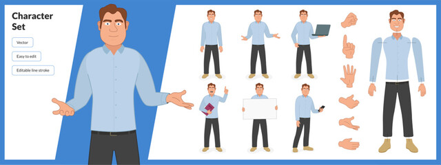 Illustration of middle aged man, wearing business casual clothing in a set of multiple poses. Easy to edit with editable line strokes and isolated on white background. Suitable for animation.
