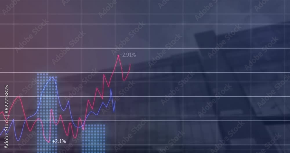 Wall mural Animation of statistical data processing over grid network against low angle view of tall buildings