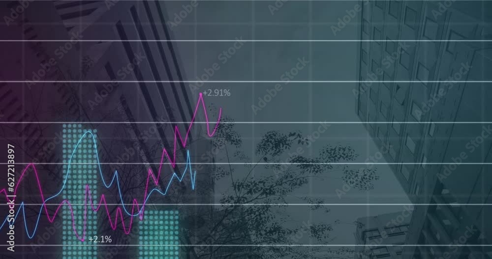 Poster animation of statistical data processing over grid network against low angle view of tall buildings
