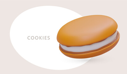 Realistic round cookie sandwich with white cream. Concept for web design with text. Advertisement of sweet pastries. Preparation for cooking competition. Vector flyer template