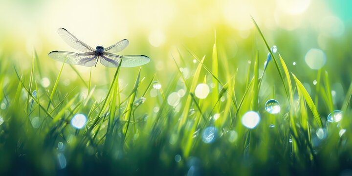Beautiful wide format image of a morning in nature with bright fresh grass with dew drops, dragonflies in flight and soft bokeh from sunlight