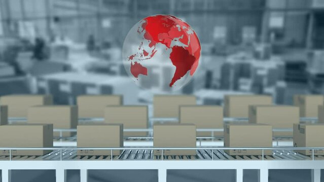 Animation of spinning globe over delivery boxes on conveyer belt against warehouse