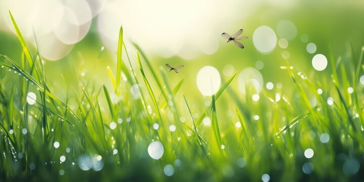 Beautiful wide format image of a morning in nature with bright fresh grass with dew drops, dragonflies in flight and soft bokeh from sunlight