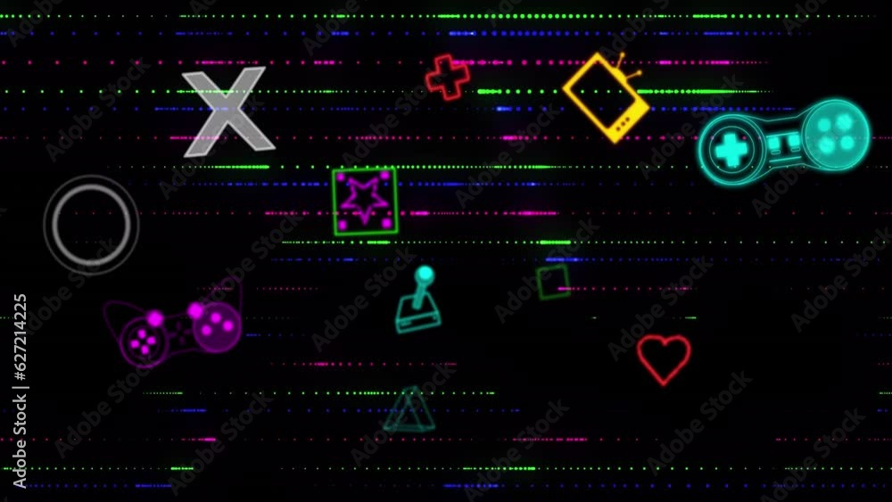 Poster animation of multiple video game concept icons against glowing light trails on black background