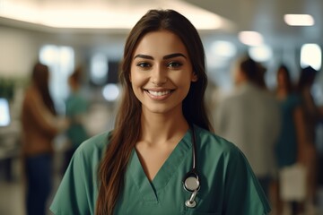 a female nurse smiles and looks at the camera in a medical office