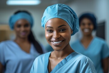 a female nurse smiles and looks at the camera in a medical office